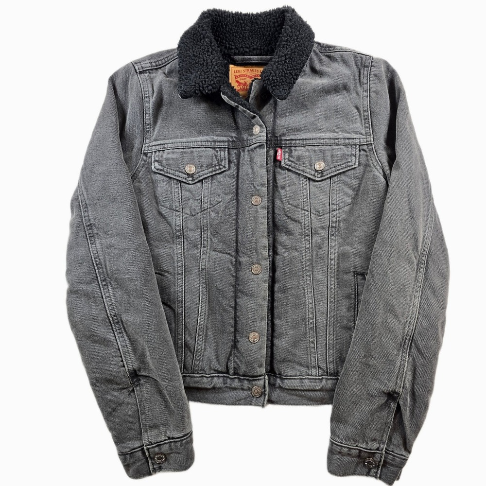 Levi's Sherpa Denim Trucker Jacket Womens Medium Black Jean Lined Coat